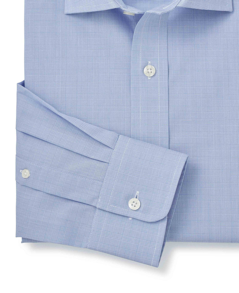 Blue Prince of Wales Check Slim Fit Dress Shirt - Single Cuff