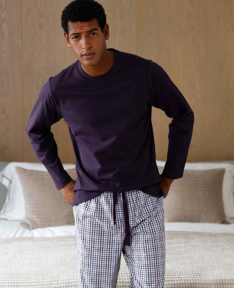 Blue Purple Check Cotton T-Shirt Pyjama Set