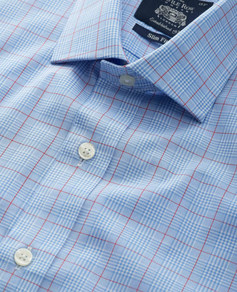 Blue Red Prince Of Wales Check Slim Fit Formal Shirt - Double Cuff