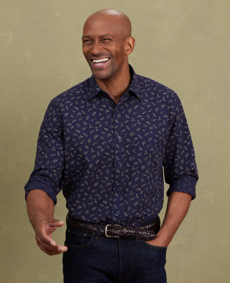 Navy Stretch Cotton Classic Fit Floral Casual Shirt