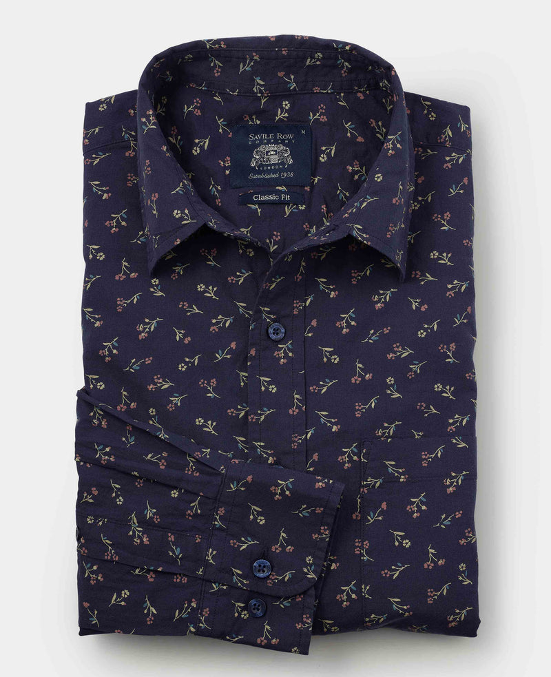 Navy Stretch Cotton Classic Fit Floral Casual Shirt