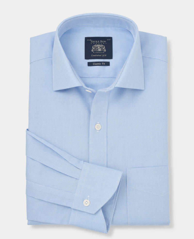 Blue Textured Cotton Classic Fit Dress Shirt - Single Cuff