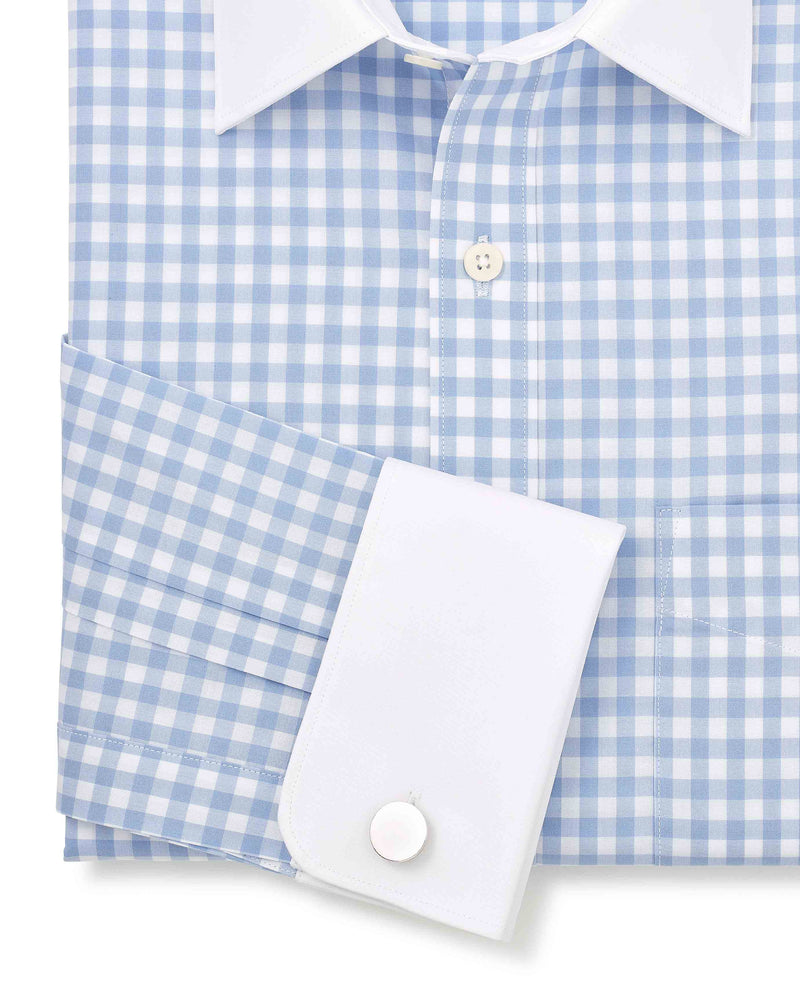 Blue White Cotton Gingham Check Classic Fit Winchester Dress Shirt - French Cuff