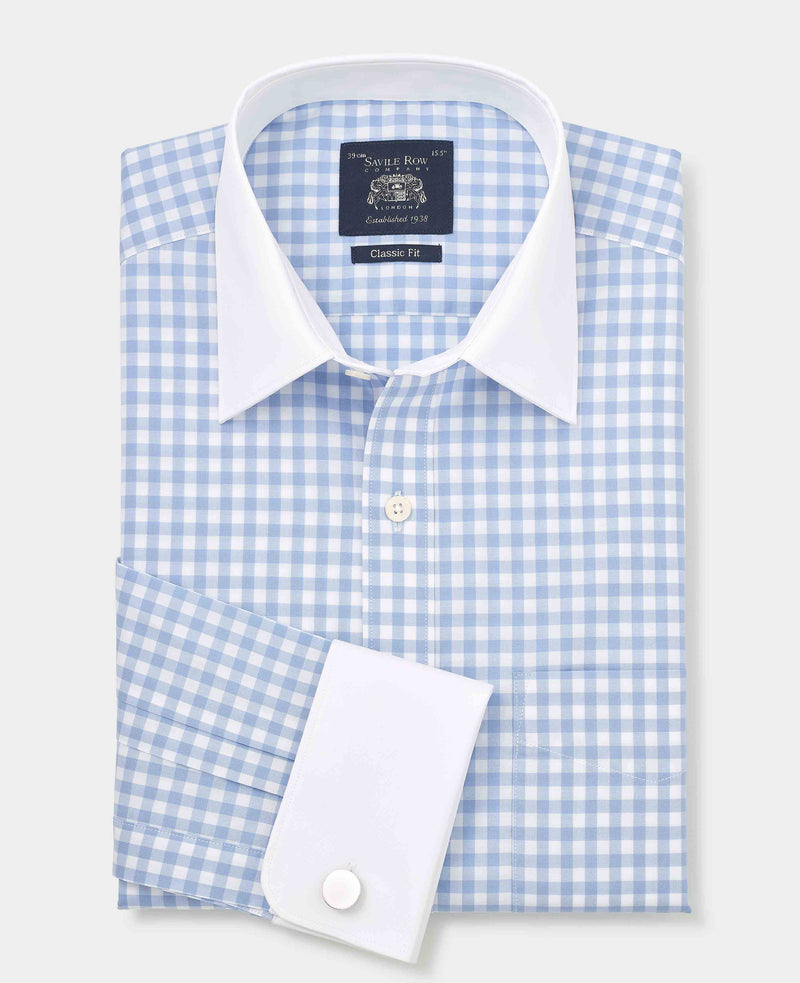 Blue White Cotton Gingham Check Classic Fit Winchester Dress Shirt - French Cuff