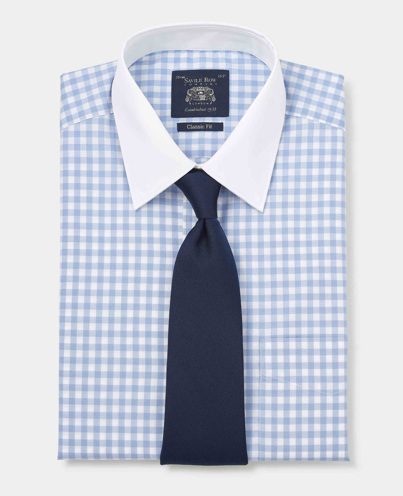 Blue White Cotton Gingham Check Classic Fit Winchester Dress Shirt - French Cuff