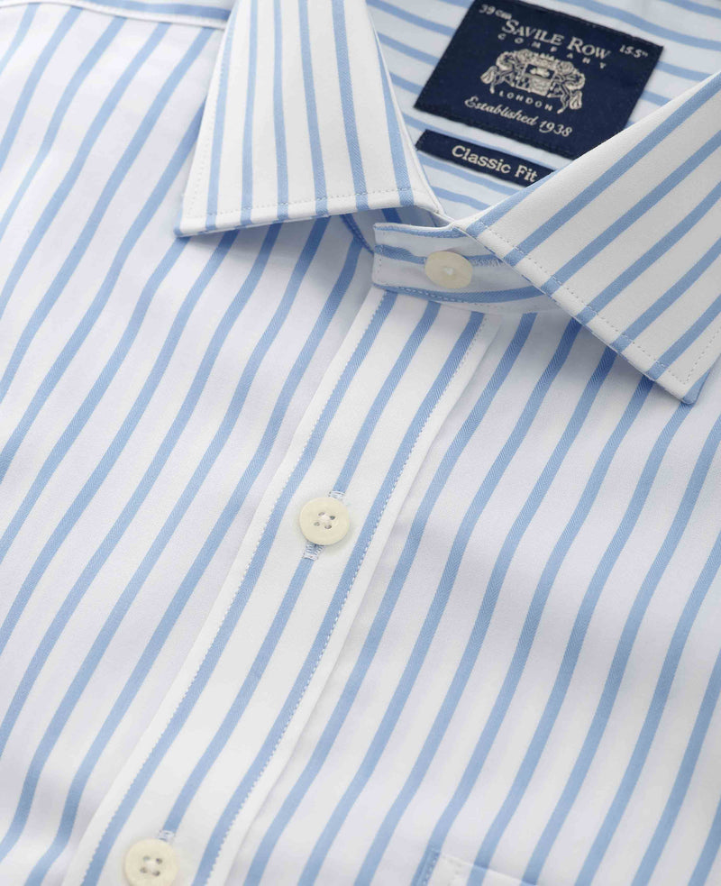 Blue White Cotton Stripe Classic Fit Dress Shirt - Single Cuff