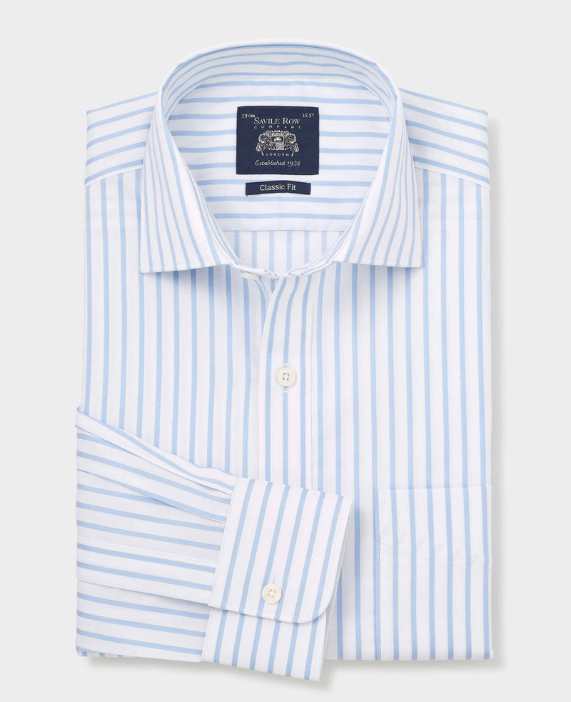 Blue White Cotton Stripe Classic Fit Dress Shirt - Single Cuff