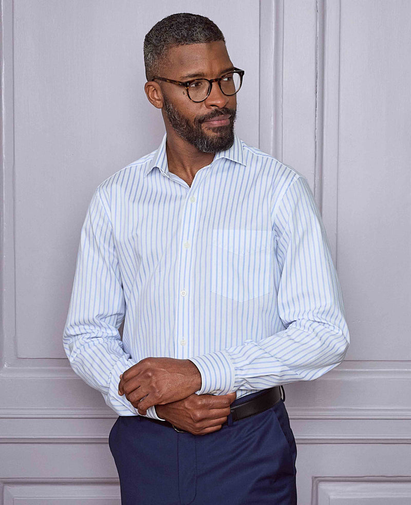 Blue White Cotton Stripe Classic Fit Dress Shirt - Single Cuff