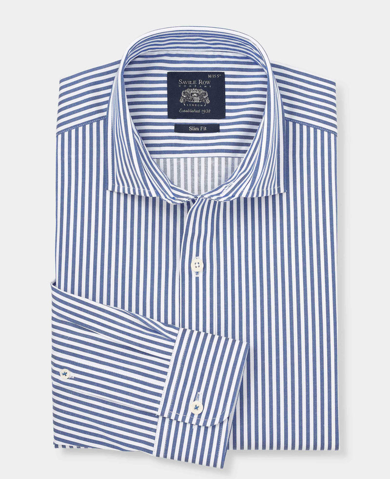 Blue White Stretch Cotton Slim Fit Striped Smart Casual Shirt
