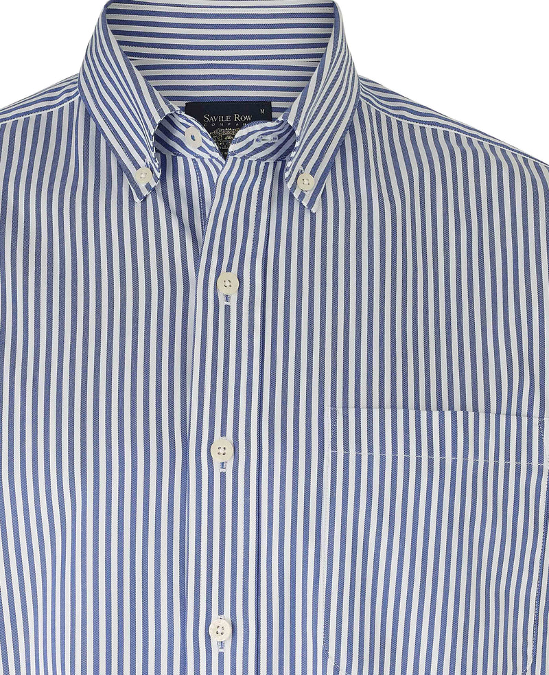Blue White Stretch Cotton Twill Classic Fit Button-Down Striped Casual Shirt