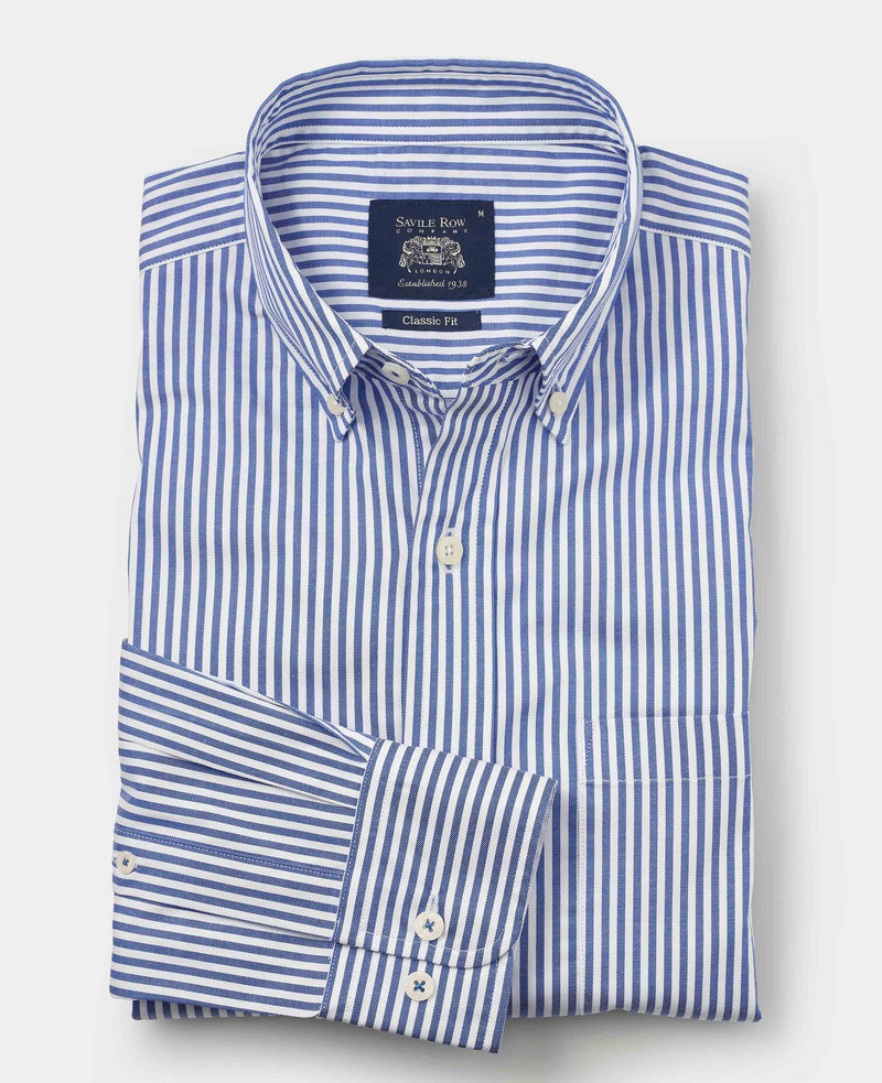 Blue White Stretch Cotton Twill Classic Fit Button-Down Striped Casual Shirt