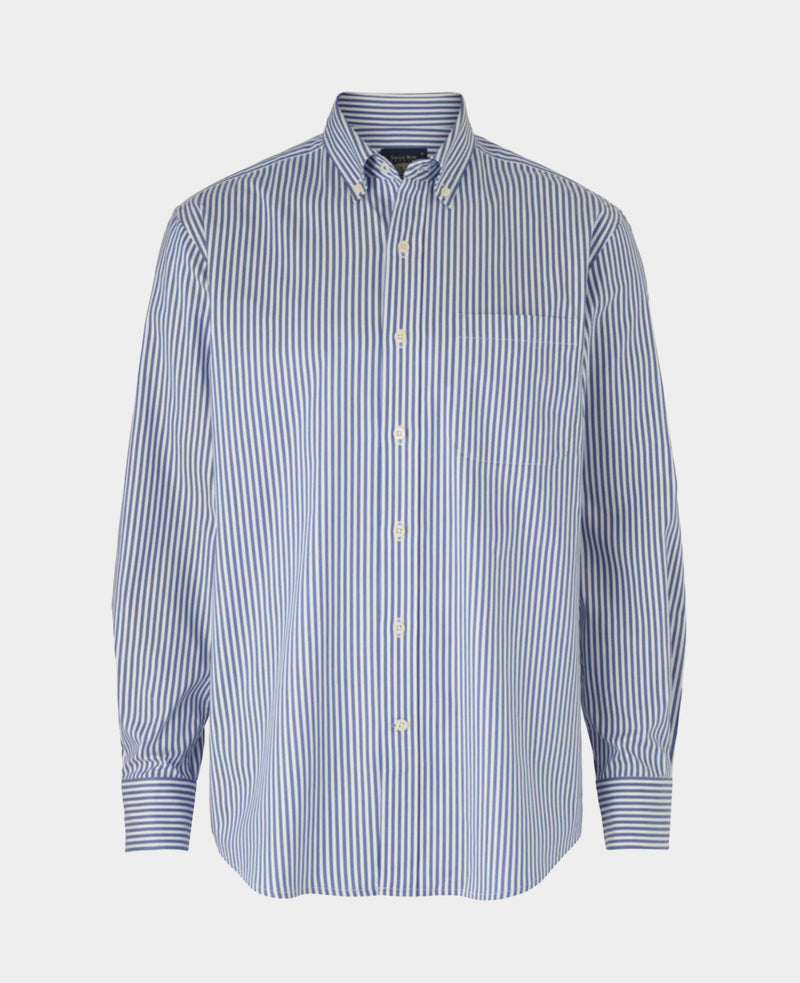 Blue White Stretch Cotton Twill Classic Fit Button-Down Striped Casual Shirt