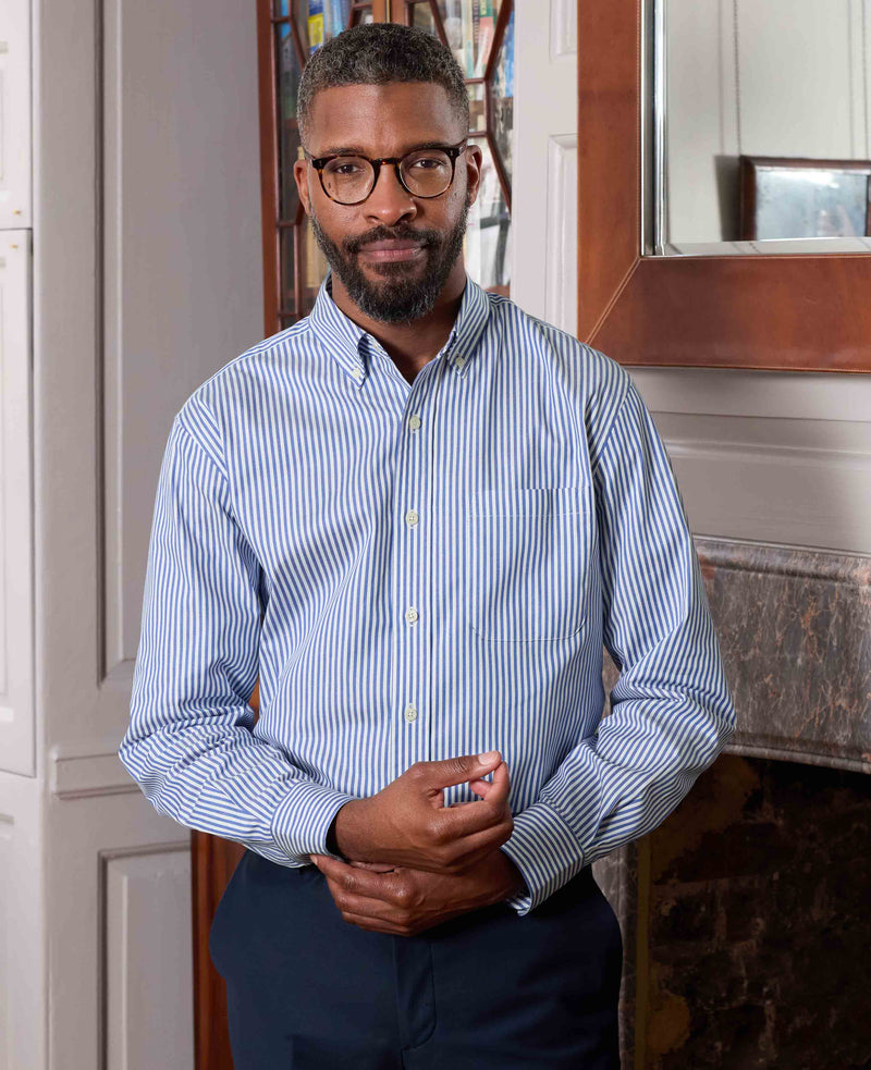 Blue White Stretch Cotton Twill Classic Fit Button-Down Striped Casual Shirt