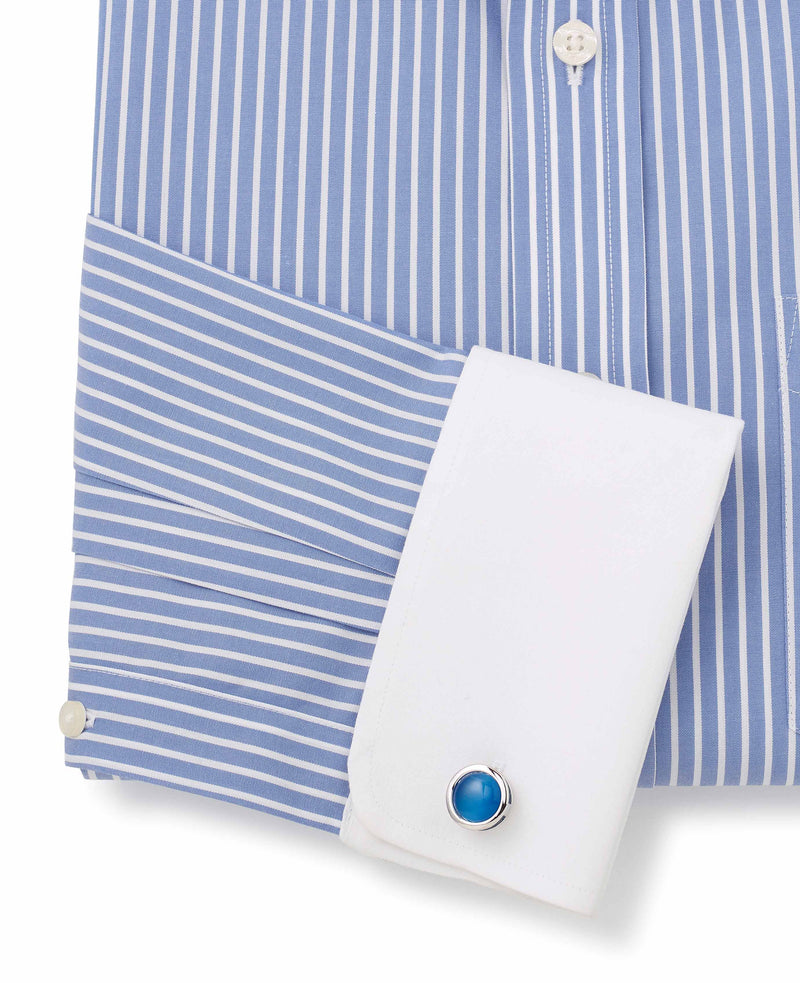 Blue White Stripe Classic Fit Non-Iron Shirt With White Collar & Cuffs - Double Cuff - Cuff Detail - 2027BLW