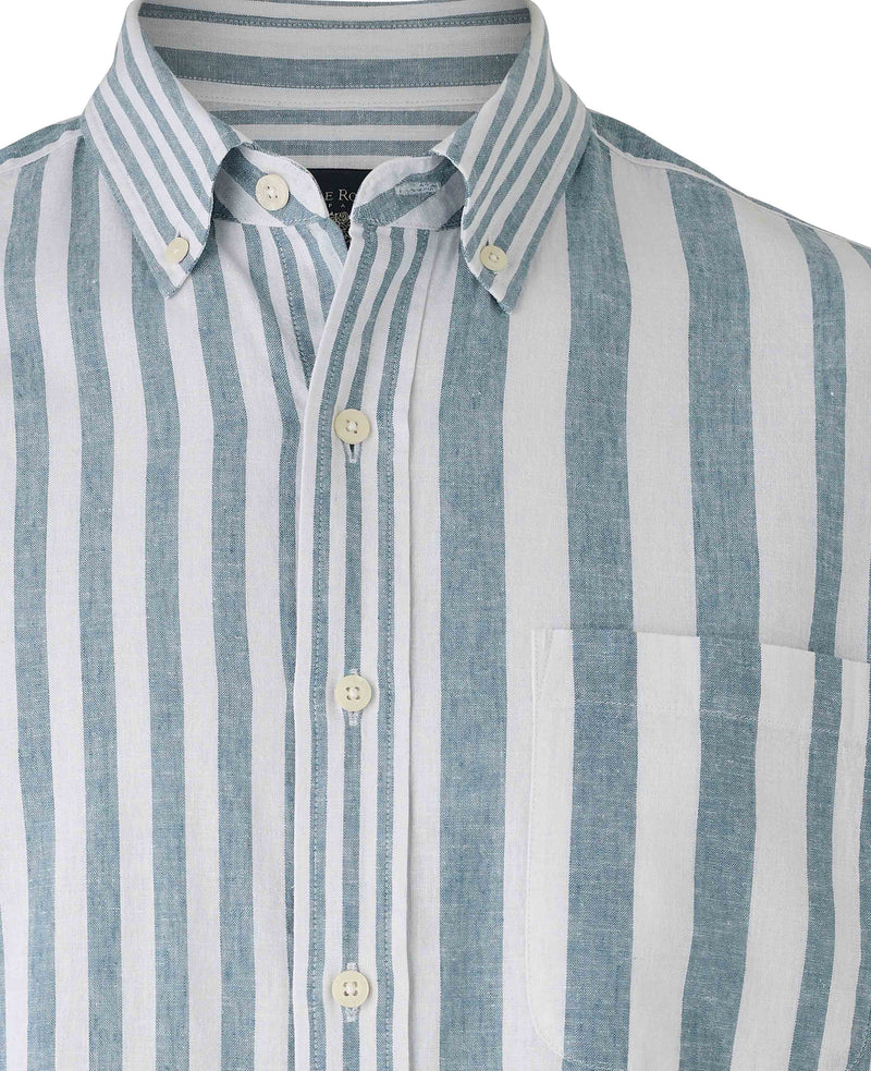 Blue White Variegated Stripe Cotton Linen Classic Fit Button-Down Casual Shirt