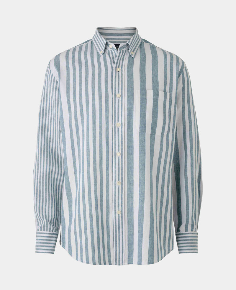 Blue White Variegated Stripe Cotton Linen Classic Fit Button-Down Casual Shirt