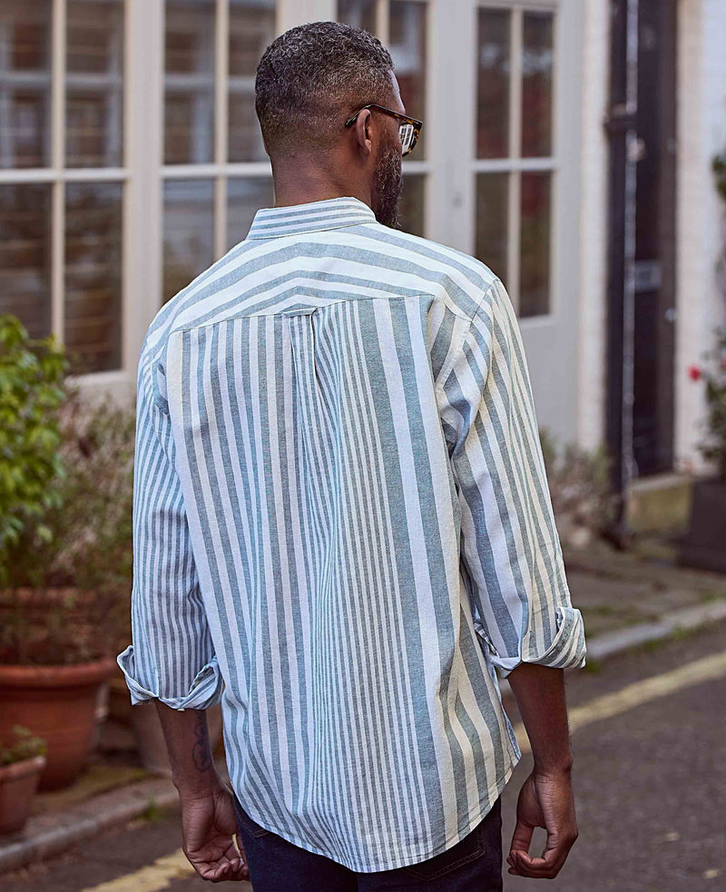 Blue White Variegated Stripe Cotton Linen Classic Fit Button-Down Casual Shirt