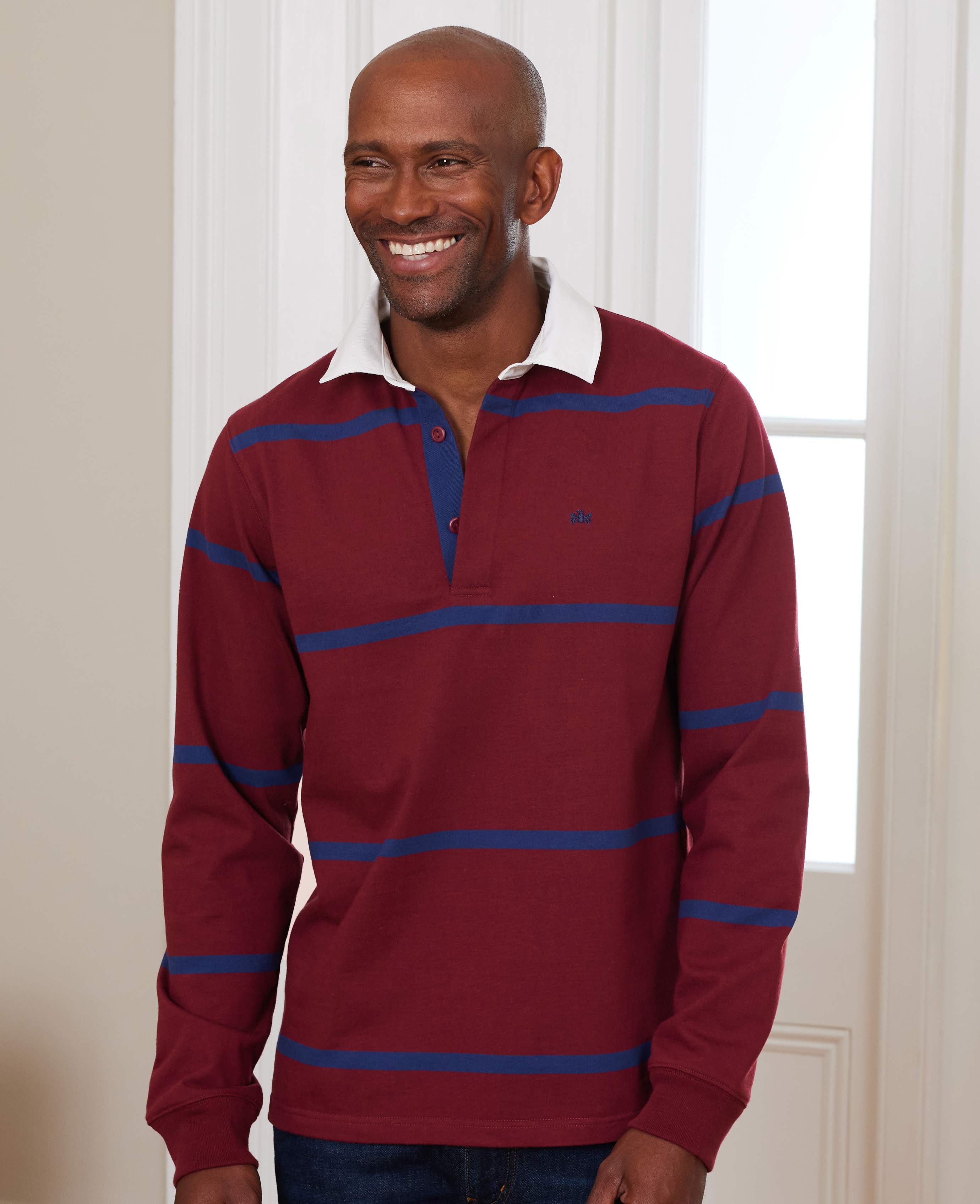 Men s Burgundy Navy Stripe Heavyweight Cotton Jersey Rugby Shirt Savile Row US