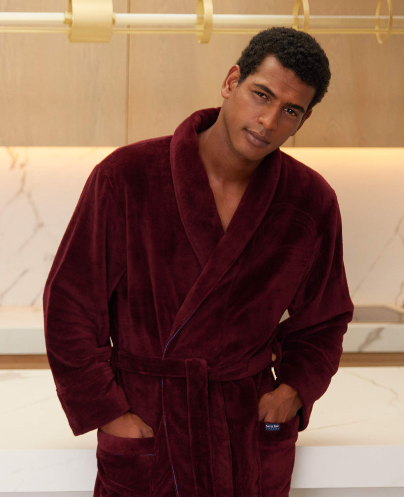 Burgundy Piped Fleece Dressing Gown