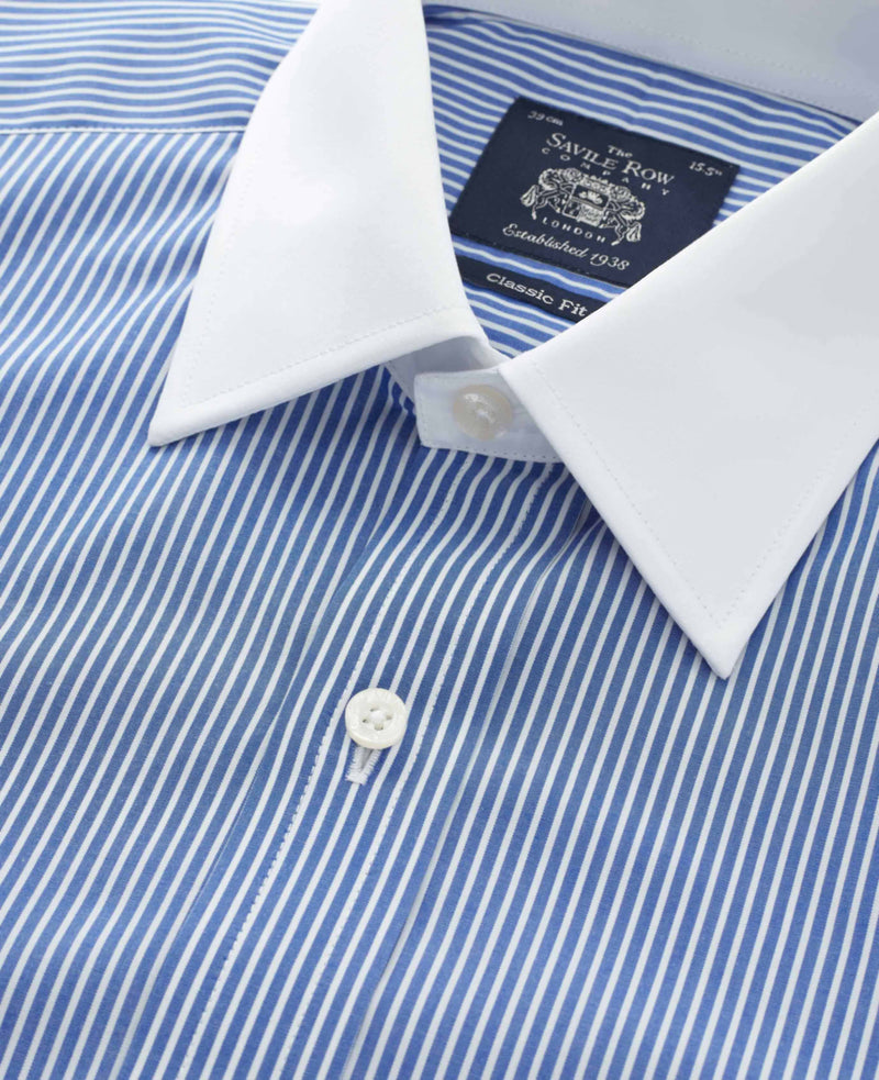 Royal Blue White Stripe Classic Fit Formal Shirt With White Collar & Cuffs - Double Cuff