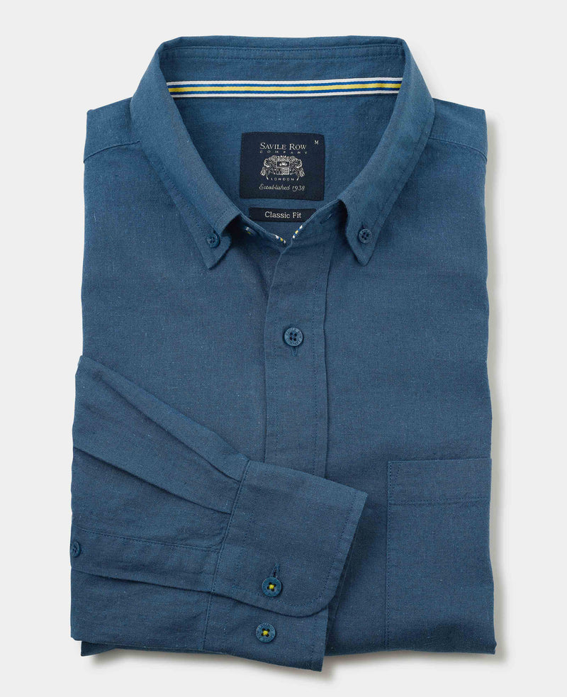 Dark Blue Linen Cotton Classic Fit Button-Down Casual Shirt