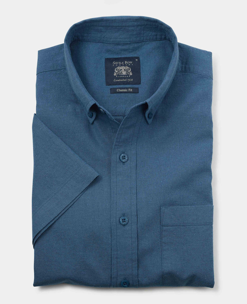 Dark Blue Linen Cotton Classic Fit Button-Down Short Sleeve Casual Shirt