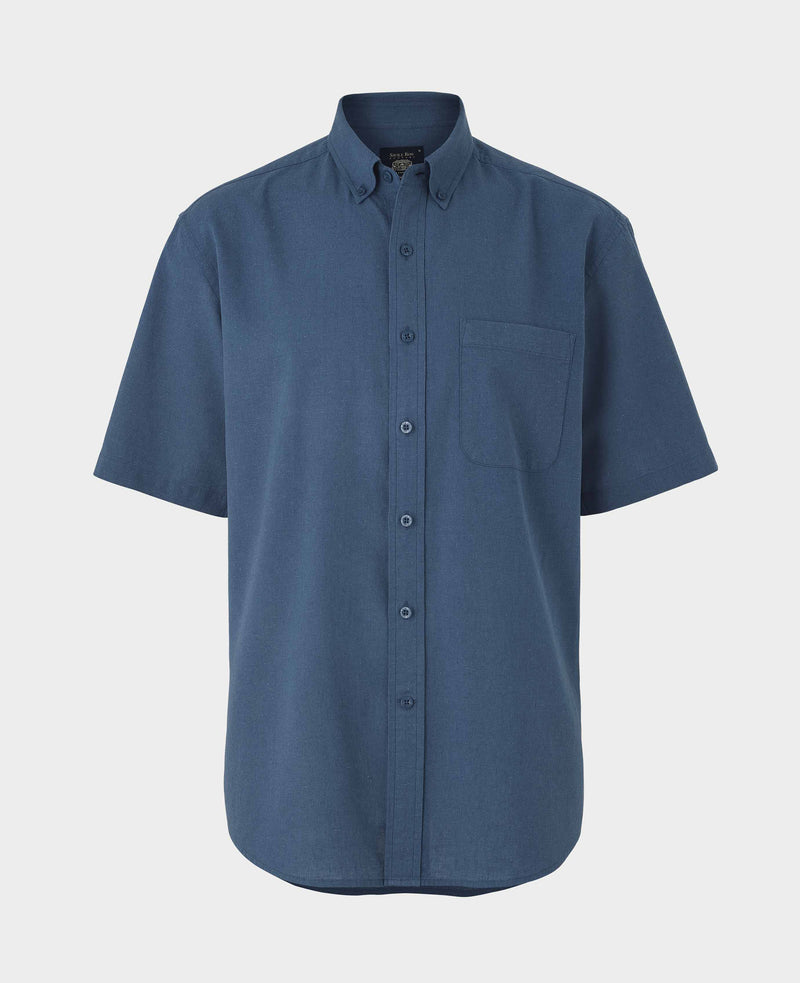 Dark Blue Linen Cotton Classic Fit Button-Down Short Sleeve Casual Shirt