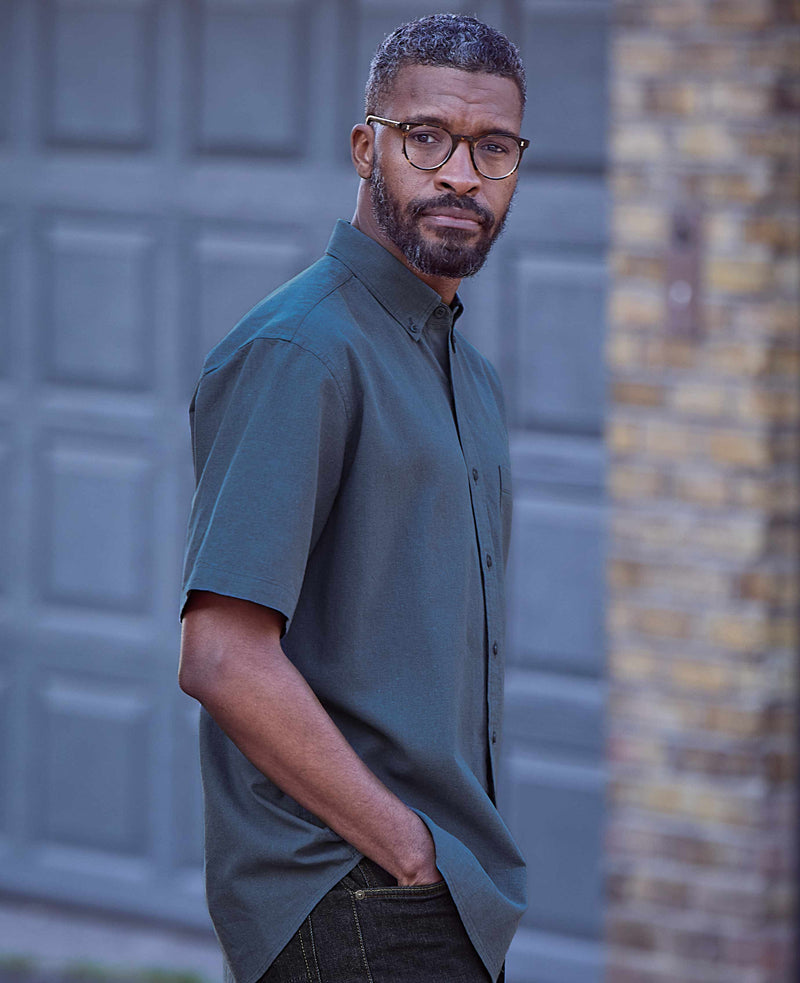 Dark Blue Linen Cotton Classic Fit Button-Down Short Sleeve Casual Shirt