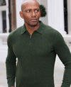 Dark Green Merino Wool Cashmere Zip Neck Long Sleeve Polo Shirt