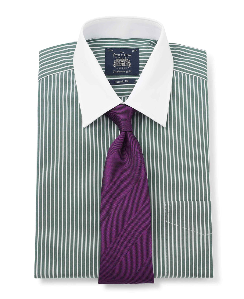 Dark Green Reverse Stripe Classic Fit Shirt With White Collar & Cuffs - With Tie On - 1364GRW