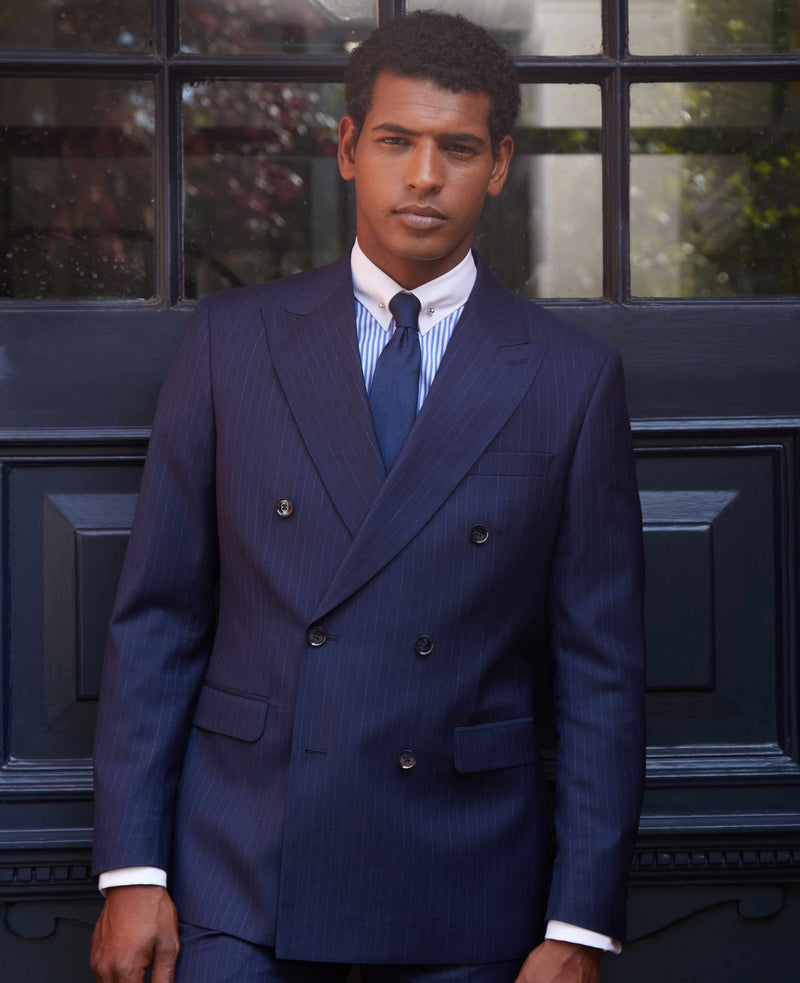 Navy Stripe Double-Breasted Suit Jacket