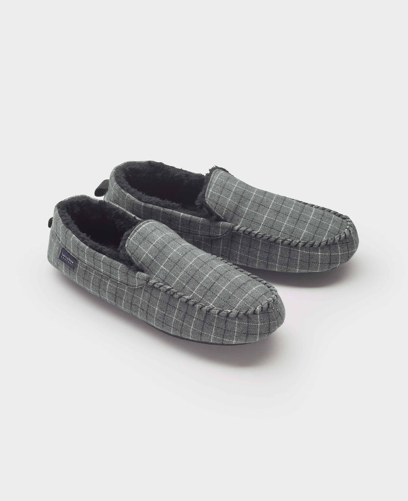 Grey Check Faux Fur Lined Moccasin Slippers