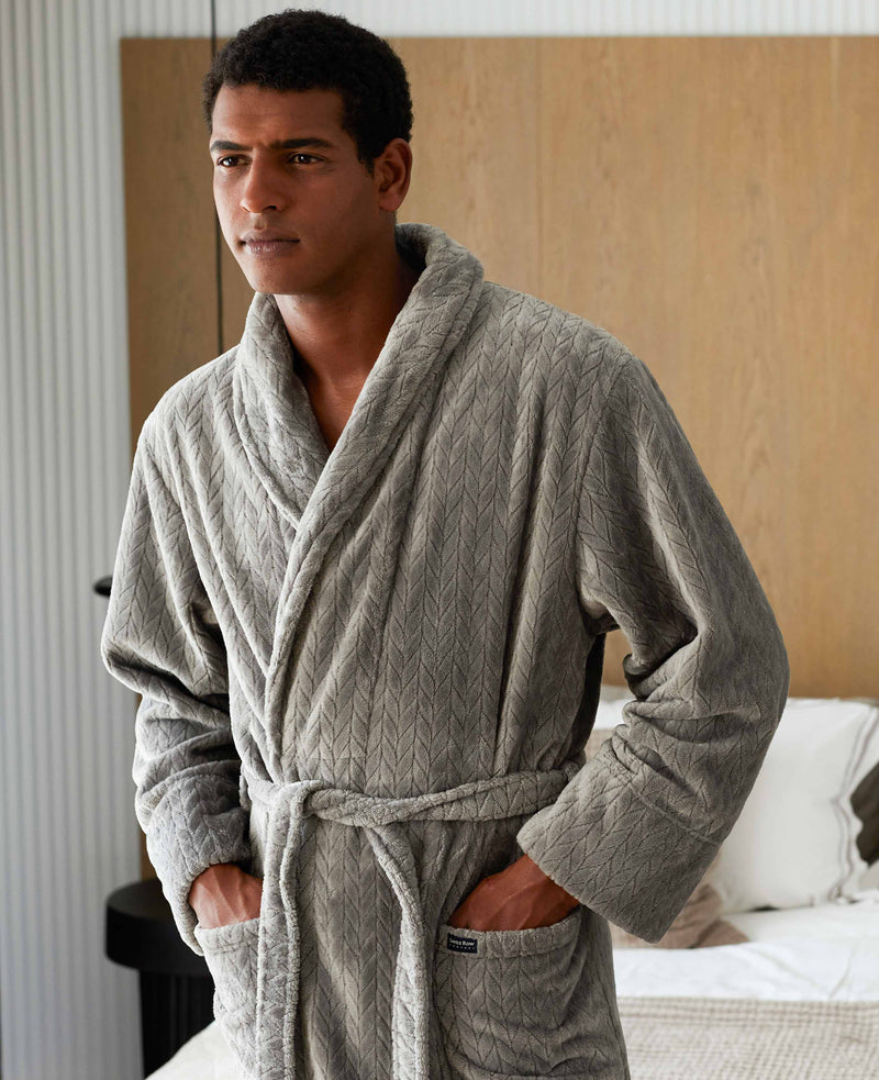 Grey Herringbone Fleece Dressing Gown