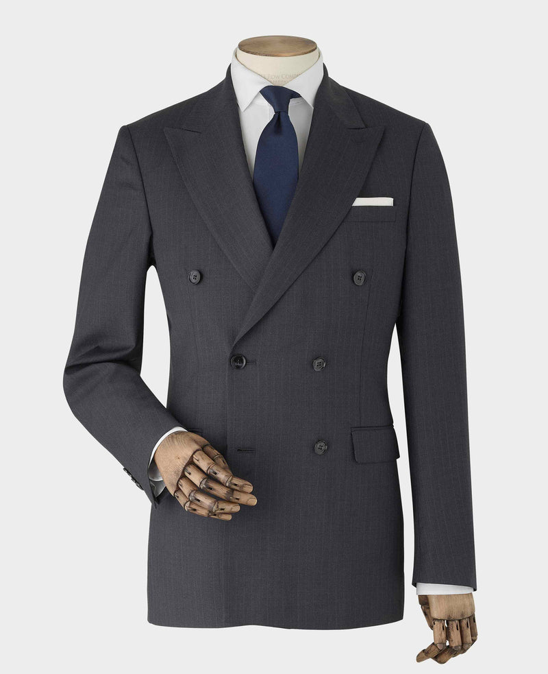 Grey Wool Blend Chalk Stripe Double Breasted Suit Jacket