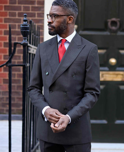 Grey Wool Blend Chalk Stripe Double Breasted Suit Jacket