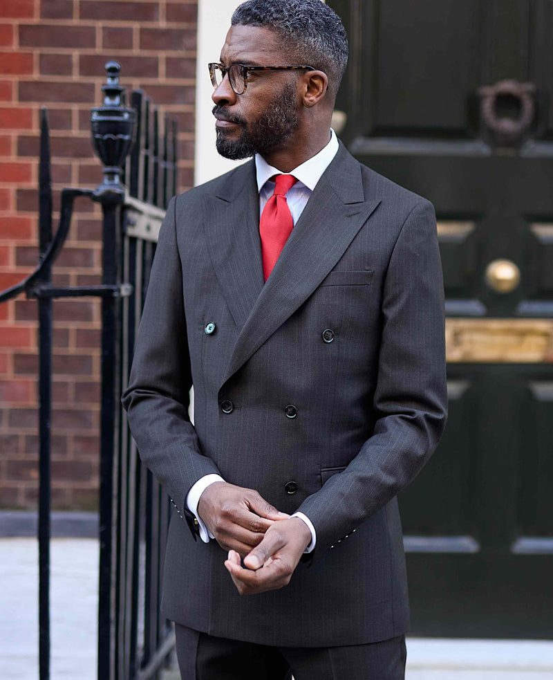 Grey Wool Blend Chalk Stripe Double Breasted Suit Jacket