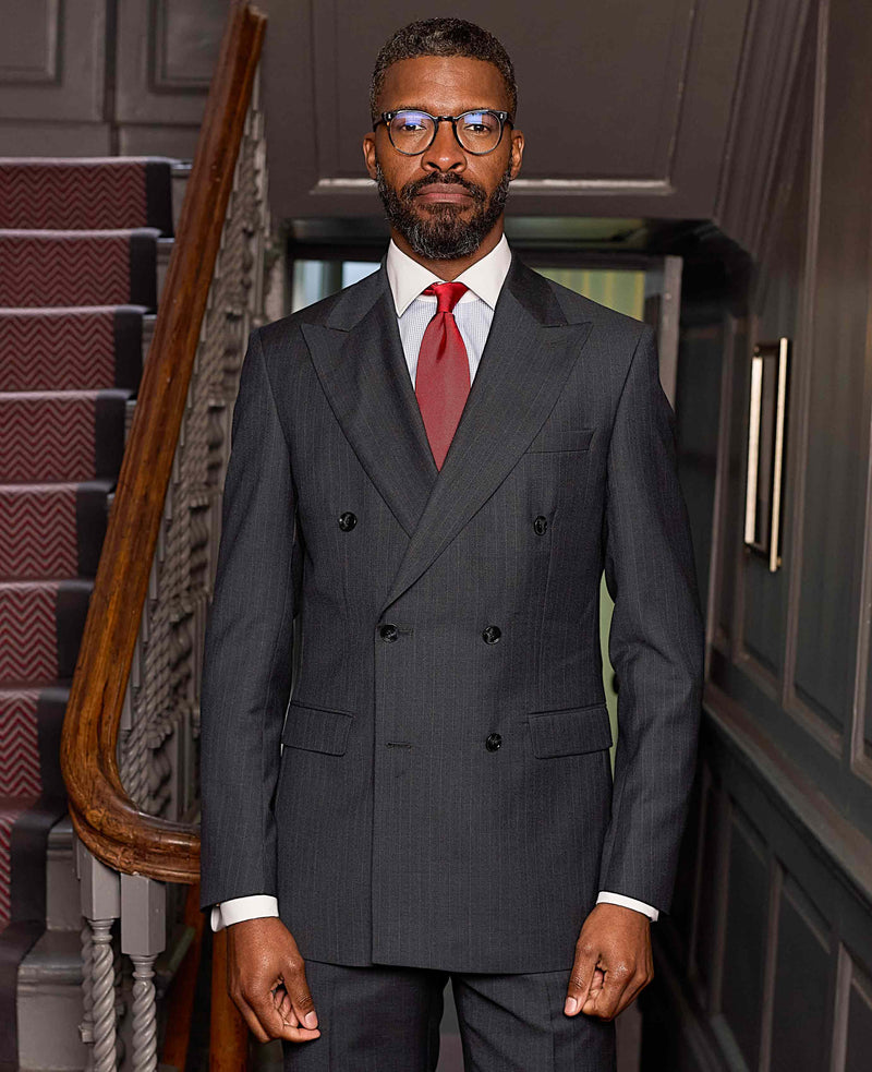 Grey Wool Blend Chalk Stripe Double Breasted Tailored Suit