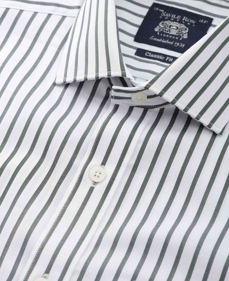 Khaki White Stripe Cotton Classic Fit Dress Shirt - Single Cuff