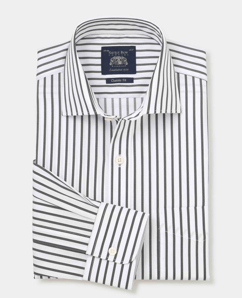 Khaki White Stripe Cotton Classic Fit Dress Shirt - Single Cuff