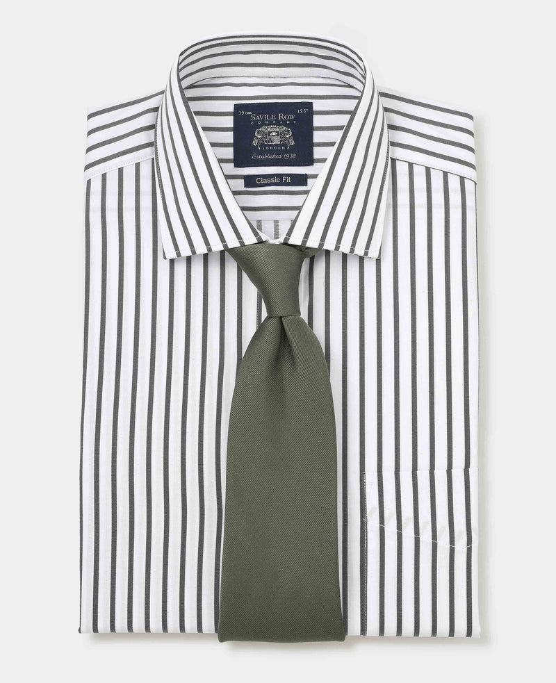 Khaki White Stripe Cotton Classic Fit Dress Shirt - Single Cuff