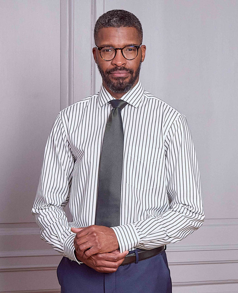 Khaki White Stripe Cotton Classic Fit Dress Shirt - Single Cuff