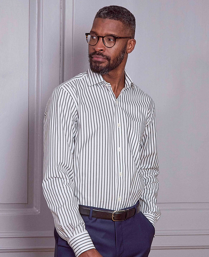 Khaki White Stripe Cotton Classic Fit Dress Shirt - Single Cuff
