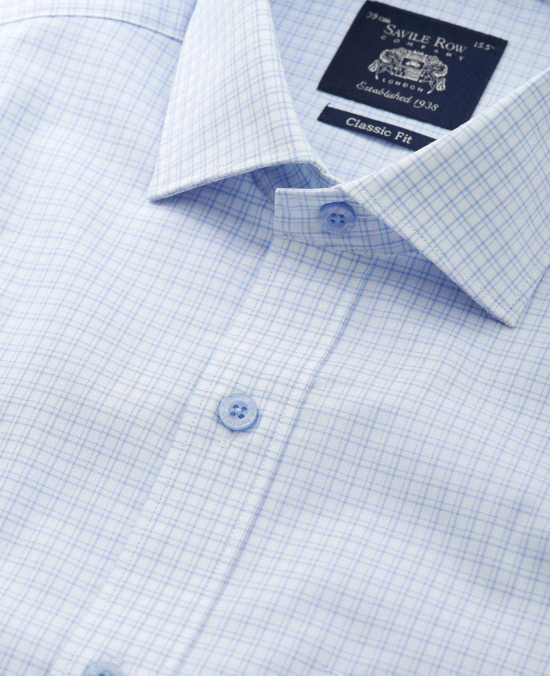 Light Blue Cotton Check Classic Fit Short Sleeve Formal Shirt