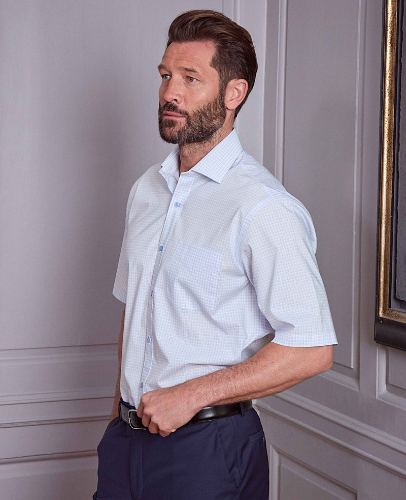 Light Blue Cotton Check Classic Fit Short Sleeve Formal Shirt