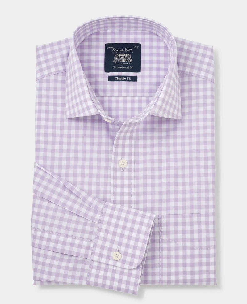 Lilac Cotton Gingham Check Classic Fit Dress Shirt - Single Cuff