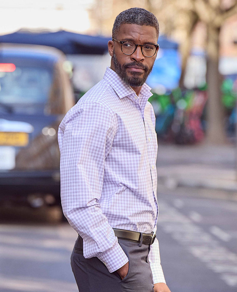 Lilac Cotton Gingham Check Classic Fit Dress Shirt - Single Cuff
