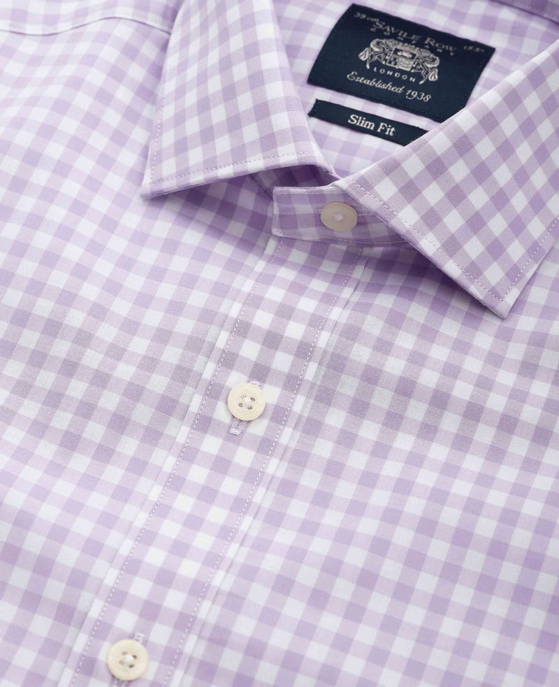 Lilac Cotton Gingham Check Slim Fit Dress Shirt - Single Cuff