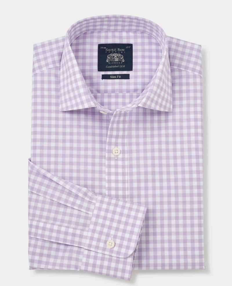 Lilac Cotton Gingham Check Slim Fit Dress Shirt - Single Cuff