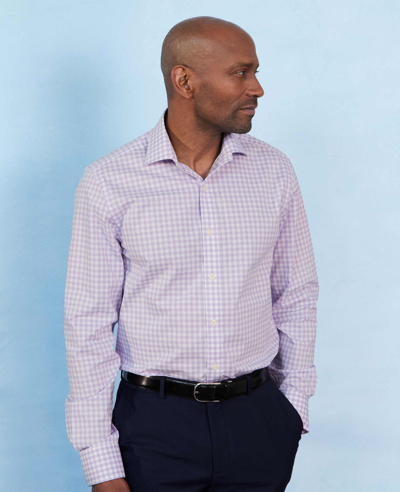 Lilac Cotton Gingham Check Slim Fit Dress Shirt - Single Cuff