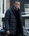 Navy Hooded Puffer Jacket with Rib Knit Storm Cuffs